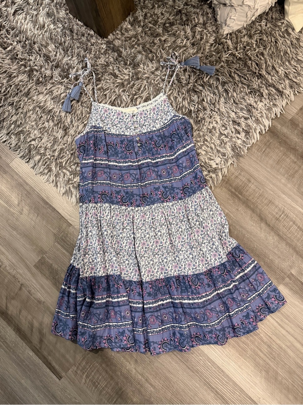 Lucky Brand Boho Floral Tiered Sundress in Blue and White